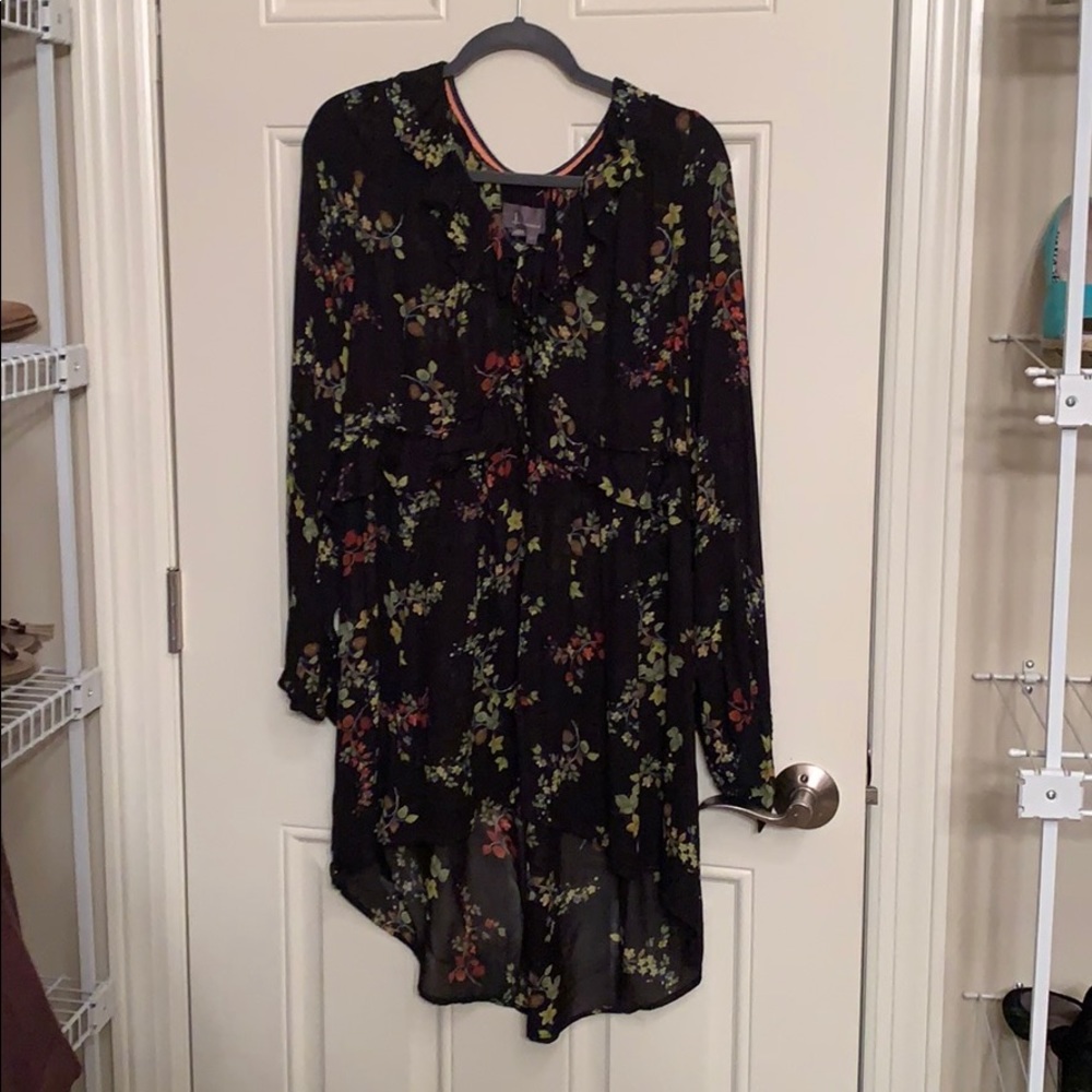 Black multi-colored floral sheer dress or long top